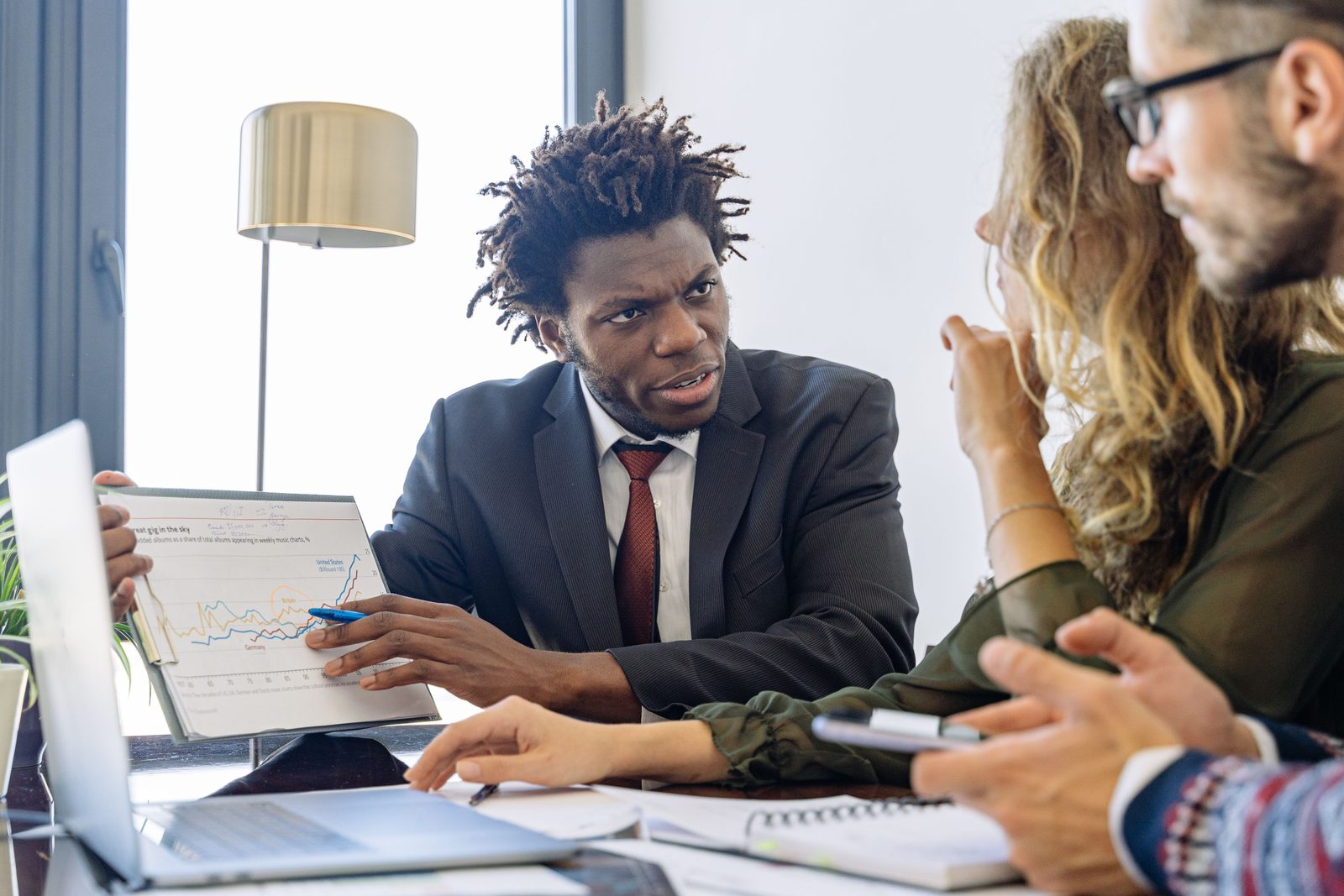 Financial professional discussing charts with clients